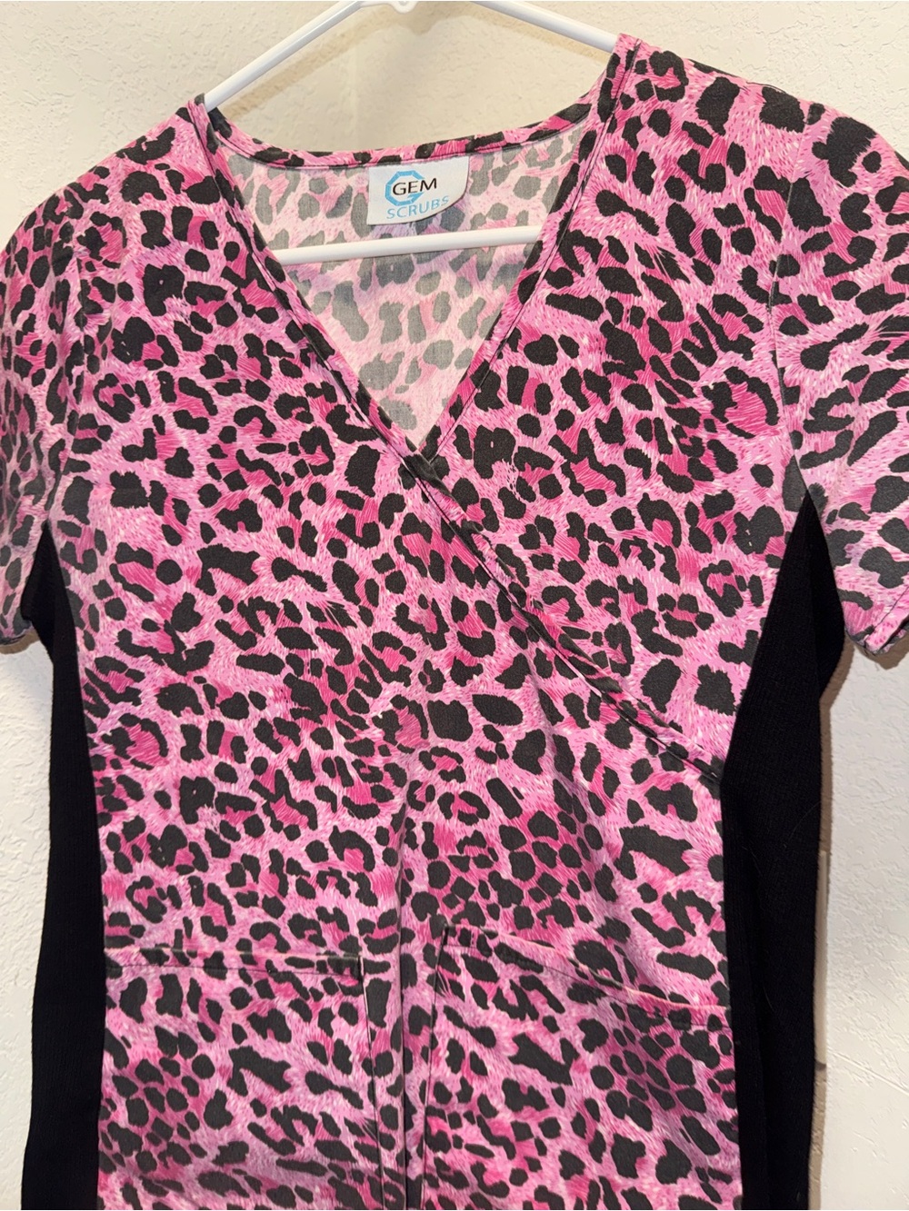 Smart Scrubs Pink and Gray Leopard Print V-Neck Scrub Top